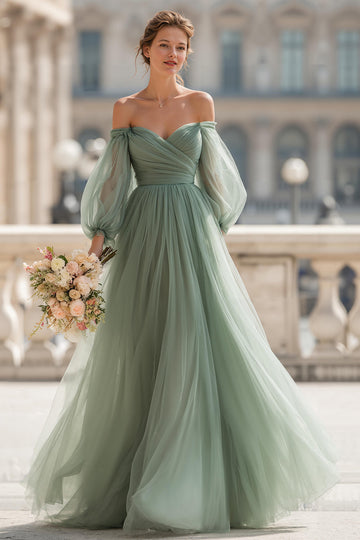 Eucalyptus Long Off the Shoulder A Line Bridesmaid Dress with Sleeves